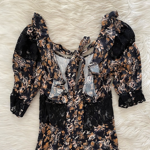 Free People Black Orange Floral Lace Short Sleeve Dress - Picture 10 of 12